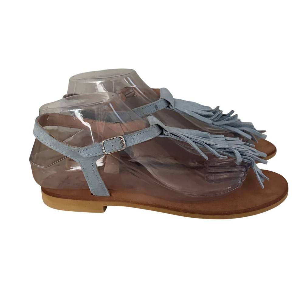 La Vela Fringe Sandals Blue Leather Ankle Strap Thong Flat Casual Summer‎ 7.5